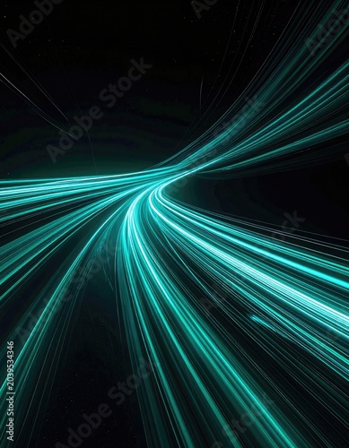 Abstract light trails in turquoise against a black background, suggesting speed and movement.