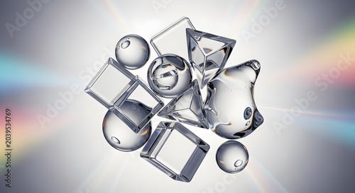 Abstract Transparent 3D Geometric Shapes with Prism Light Refraction