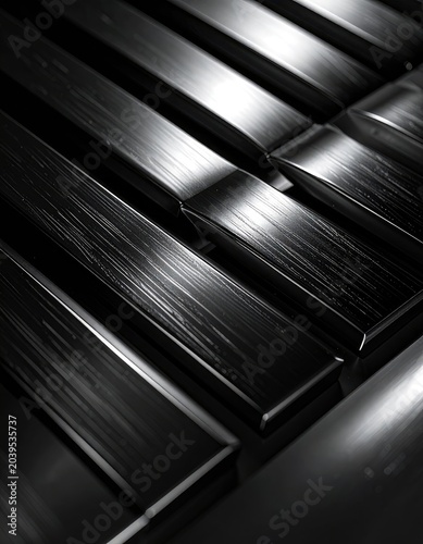 Abstract pattern of metallic brushed bars in dark tones.