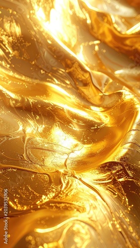 Abstract golden liquid with bright highlights and bokeh effects.