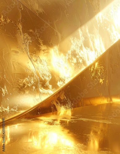A gleaming, textured golden surface catches a dramatic shaft of light.