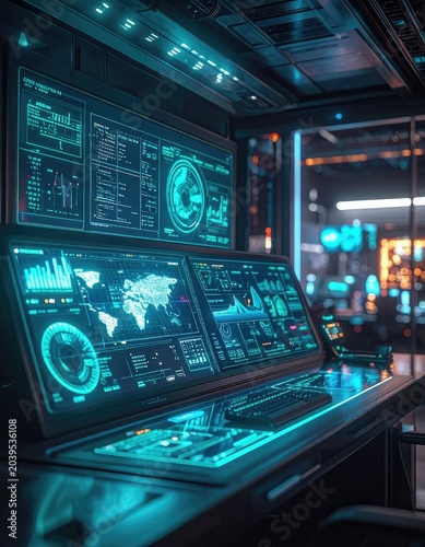 Futuristic command center with multiple glowing blue screens displaying data and a world map.