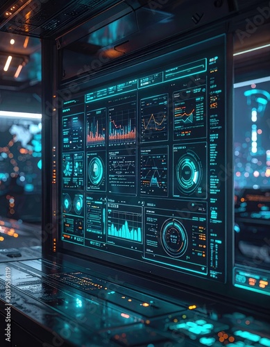 Futuristic digital display showing complex data and graphs.
