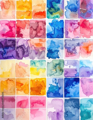 A vibrant grid of watercolor swatches showcases a spectrum of colors.