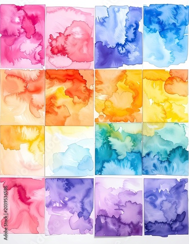 A vibrant collection of abstract watercolor paintings arranged in a grid.