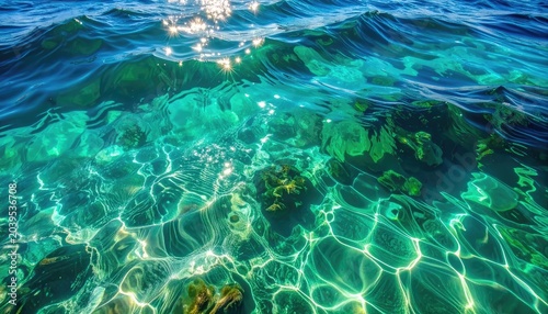 Sunlight dances on the surface of clear, turquoise ocean water, revealing submerged rocks and the vibrant underwater world.