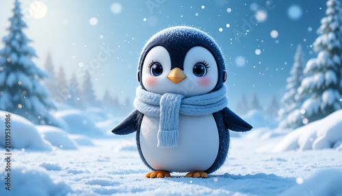 Adorable Baby Penguin Wearing Scarf in Snowy Winter Forest Landscape