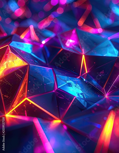 An abstract, geometric composition featuring glowing neon lines and crystalline structures.
