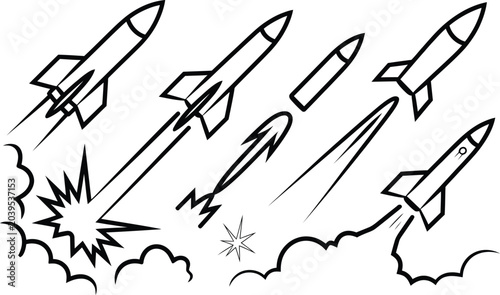 Foto Set of sketch style missile rockets launching and flying with smoke trails explosion military illustration isolated artillery