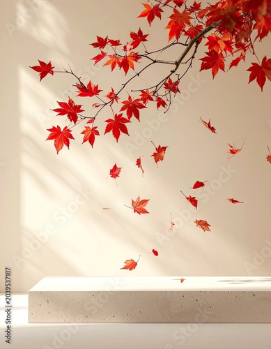 Red maple leaves falling gracefully against a neutral background with light casting shadows.