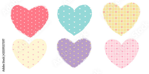 Cute colorful paper hearts. Charming pastel heart collection with cute tiny heart patterns and soft textured edges.Perfect for Valentine’s Day, romantic designs, greeting cards and scrapbook projects.