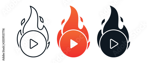 Hot Media Icon with Video Play and Fire Symbol. Viral Streaming Content. Vector Illustration