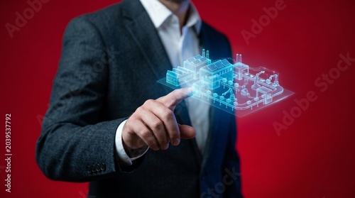 A businessman is pointing at a simulation of automated industrial factory mockup hologram.