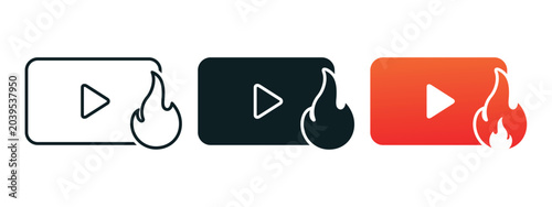 Popular Video Icon with Flame Symbol. Hot Content and Streaming Media. Vector Illustration