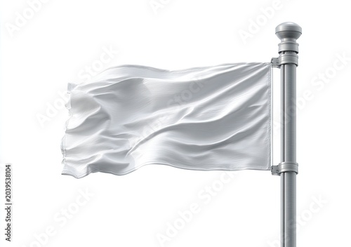 A White Flag Waving on a Metal Pole Against a White Background.
