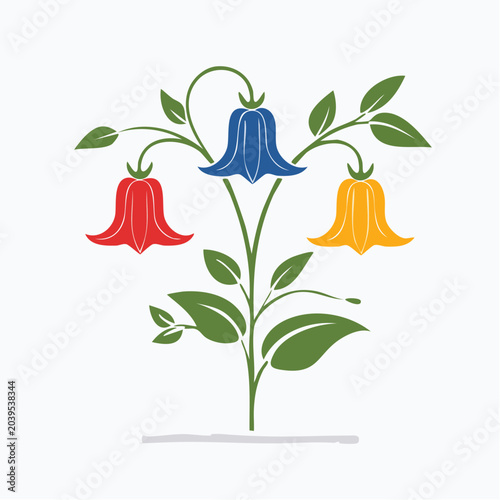 Stylized Bellflower Plant with Red, Blue, and Yellow Blooms