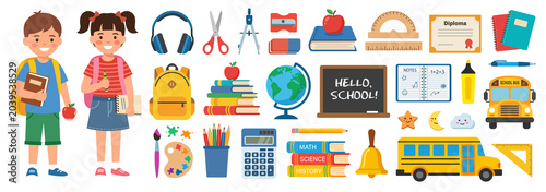 Back to school illustrations set. Cute cartoon schoolboy and schoolgirl with school supplies, school bus, globe and stationery. Flat clipart bundle.