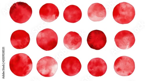 15 Watercolor Circles in Rust Brown with Textured Edges Isolated on White Background.