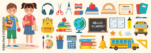 Back to school vector illustrations set. Cute cartoon schoolboy and schoolgirl with school supplies, school bus, globe and stationery. Flat clipart bundle.