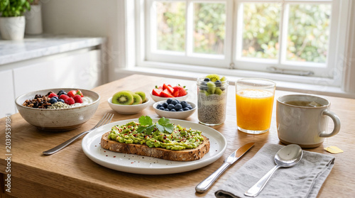 Fresh and nutritious healthy breakfast featuring colorful fruits, yogurt, avocado toast