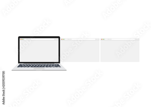 laptop screen mockup with multiple blank browser windows layout