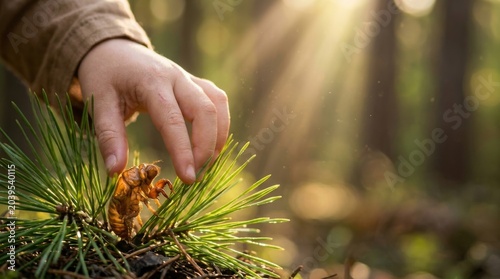 Child's hand exploring pine needles and cone in sunlit forest