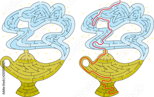 Vector illustration of a children's maze puzzle featuring a magic genie lamp with smoke and its solution path to help develop graphomotor skills.