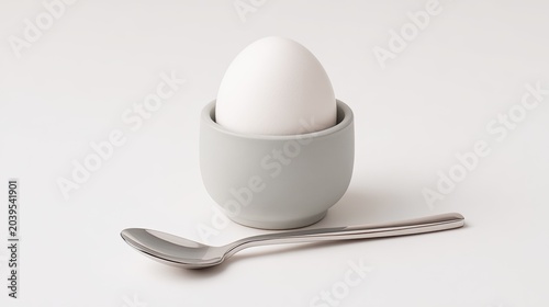 Simple White Egg in Ceramic Cup with Spoon on White Background.