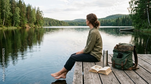 Person sits by a lake with a book and backpack during daytime in a forested area