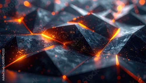 A dark, crystalline structure with glowing orange energy lines and shimmering particles.