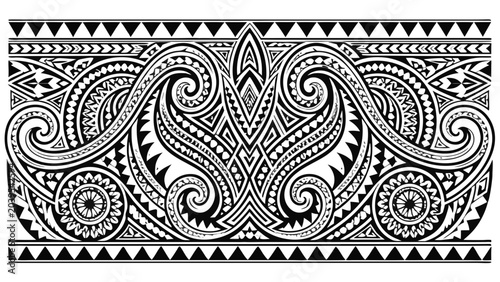 Polynesian tribal ornamental pattern in black and white, symmetrical geometric tattoo design, traditional cultural motif