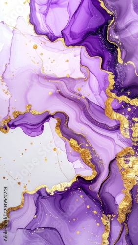 Abstract swirls of purple and gold ink with shimmering glitter.