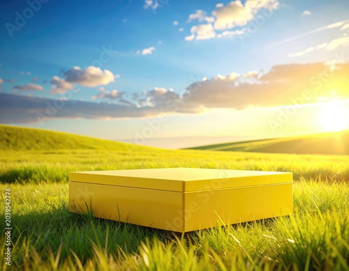 A yellow podium sits in a vibrant green field under a bright sunny sky.