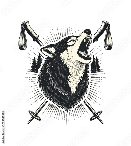 Roaring wolf head with ski poles illustration black background