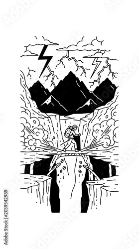 Silhouette figure standing on structure with lightning and mountains