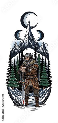 Warrior with sword amidst mountain landscape illustration