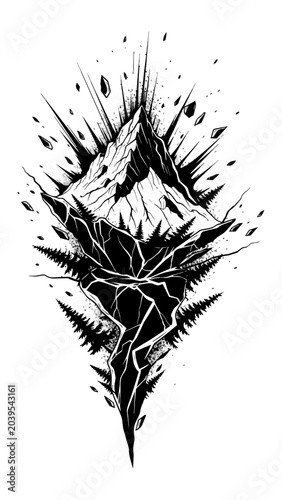 Abstract mountain peak graphic in black and white composition