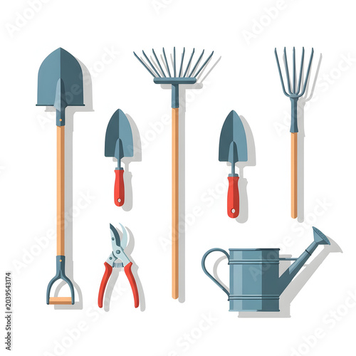 Modern Flat Vector Farming Tools Knolling Set on White Background