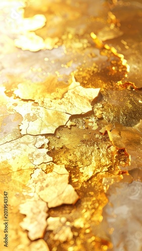 Close-up of shimmering golden texture with cracked details and blurred highlights.