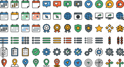 Foto Multipurpose Web UI and Mobile App Vector Icon Set with Calendars Map Pins Gears