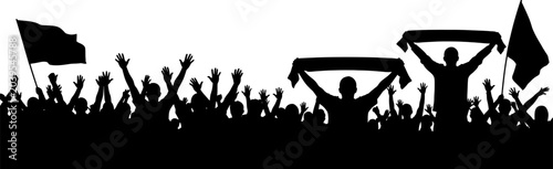 Fotografie Silhouette of a crowd of cheering sports fans holding flags and scarves