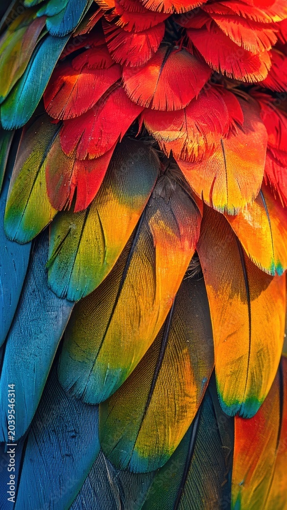 Obraz premium Macro shot of colorful macaw feathers with vibrant red, yellow, blue, and green hues.
