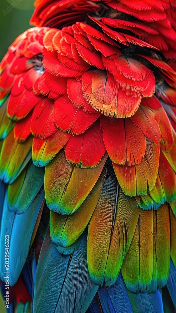 Obraz premium Close-up of vibrant scarlet macaw feathers displaying a spectrum of red, green, yellow, and blue.