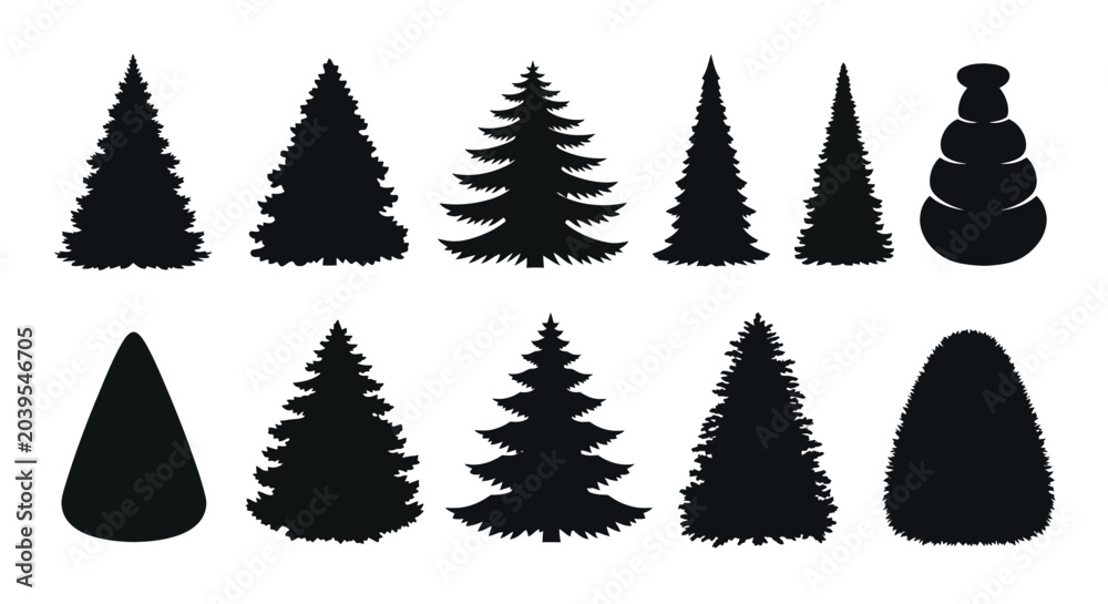 Obraz premium Diverse Collection of Evergreen Tree Silhouettes for Winter Holiday Decorations and Nature-Inspired Vector Designs