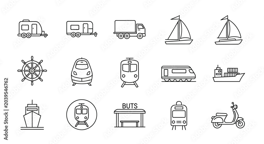 Fototapeta premium A diverse collection of outline vehicle icons representing various modes of transport for travel, adventure, and urban mobility concepts, perfect for journey-themed designs