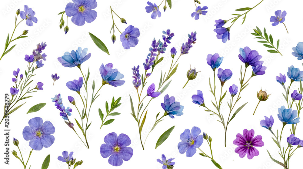 Fototapeta premium Vibrant assortment of purple and blue spring flowers, including flax and lavender, arranged beautifully on transparent.