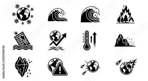 Foto Comprehensive icon set depicting global environmental crises, natural disasters,