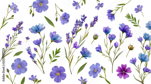 Vibrant assortment of purple and blue spring flowers, including flax and lavender, arranged beautifully on transparent.