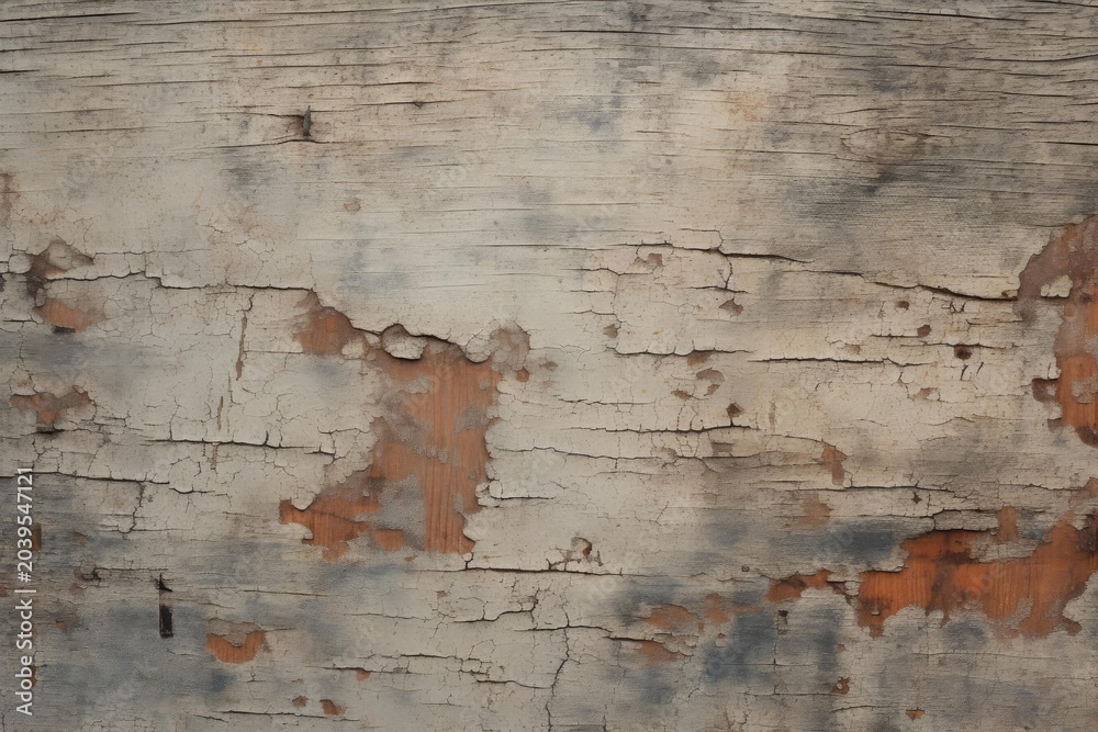 Fototapeta premium Weathered wooden surface displaying a decaying texture with peeling white paint