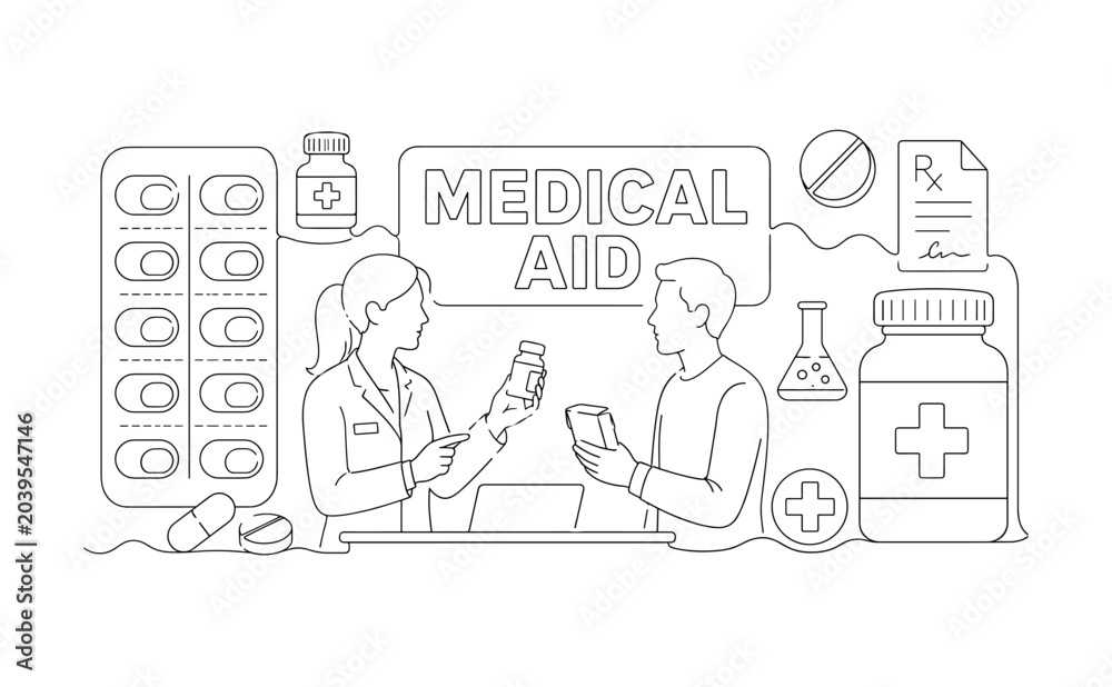 Fototapeta premium Modern Pills Medicine. Banner composition with 1 pharmacist and 1 patient selecting medication across the full wide canvas, one oversized capsule blister and one oversized tablet bottle reaching